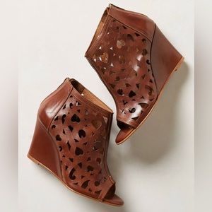 Anthropologie Relance Open Toe Brown Leather Wedge Cutout Bootie Size 8.5